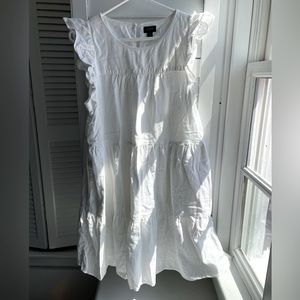 J CREW white linen tiered dress with ruffle shoulder detail